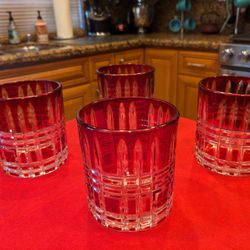 Vtg Crystal Red Ruby Double Old Fashioned Glasses " Gorgeous Design" Flawless  Condition