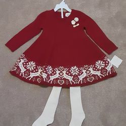 NWT 2T Heirlooms by Polly Flinders Dk Red Knit Christmas Reindeer & Snowflake Dress w/ White Tights