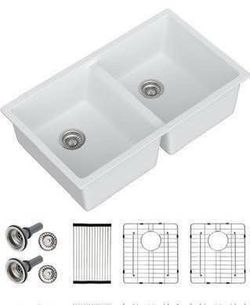New 33x19x9 Double Bowl Undermount Kitchen Sink 50/50 Split Granite Composite
