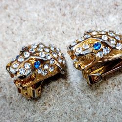 Vintage Park Lane Panther Jaguar Gold Tone Clip On Earrings  Blue Rhinestone Eyes 
