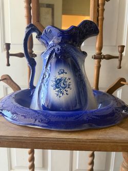 Blue Ceramic Pitcher and Basin Set
