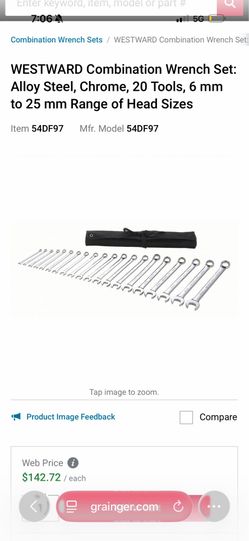 WESTWARD Combination Wrench Set: Alloy Steel, Chrome, 20 Tools, 6 mm to 25 mm Range of Head Sizes