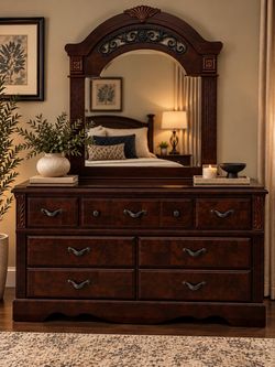 Elegant Walnut Dresser with  Ornate Mirror