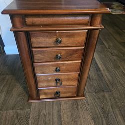 Vintage Wooden Jewelry Armoire Chest Five Drawers Side Doors Mirror