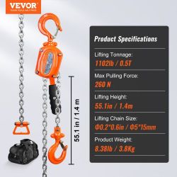 VEVOR Manual Lever Chain Hoist, 1/2 Ton, 1100 lbs Capacity, 5 Feet, G80 Galvanized Carbon Steel with Weston Double Ratchet Brake, Automatic Chain Guid