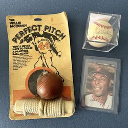 Vintage Willy McCovey 1970s lot autographed signed baseball with COA, baseball card, hitting tool toy unopened