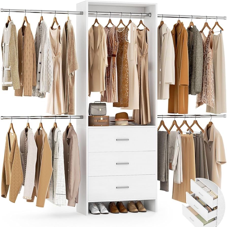 Closet System, Closet Organizer with 3 Wooden Drawers, Closet Organizer System, Walk-in Closet Wardrobe Clothes Rack with 4 Hanging Rods, Ga