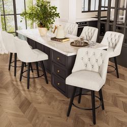 1449d Counter Height Bar Stools Set of 6, Modern Swivel Barstools with Back and Wood Legs, Linen Fabric Upholstered Bar Chairs, 26" H Kitchen Counter 