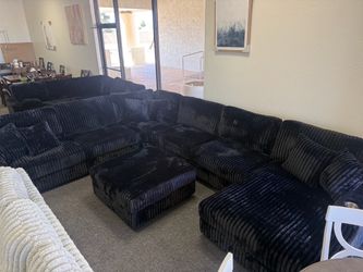 Large Black Corduroy Sectional Sofa with Ottoman