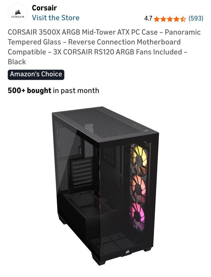 CORSAIR 3500X ARGB Mid-Tower ATX PC Case – Panoramic Tempered Glass – Reverse Connection Motherboard Compatible – 3X CORSAIR RS120 ARGB Fans Included 