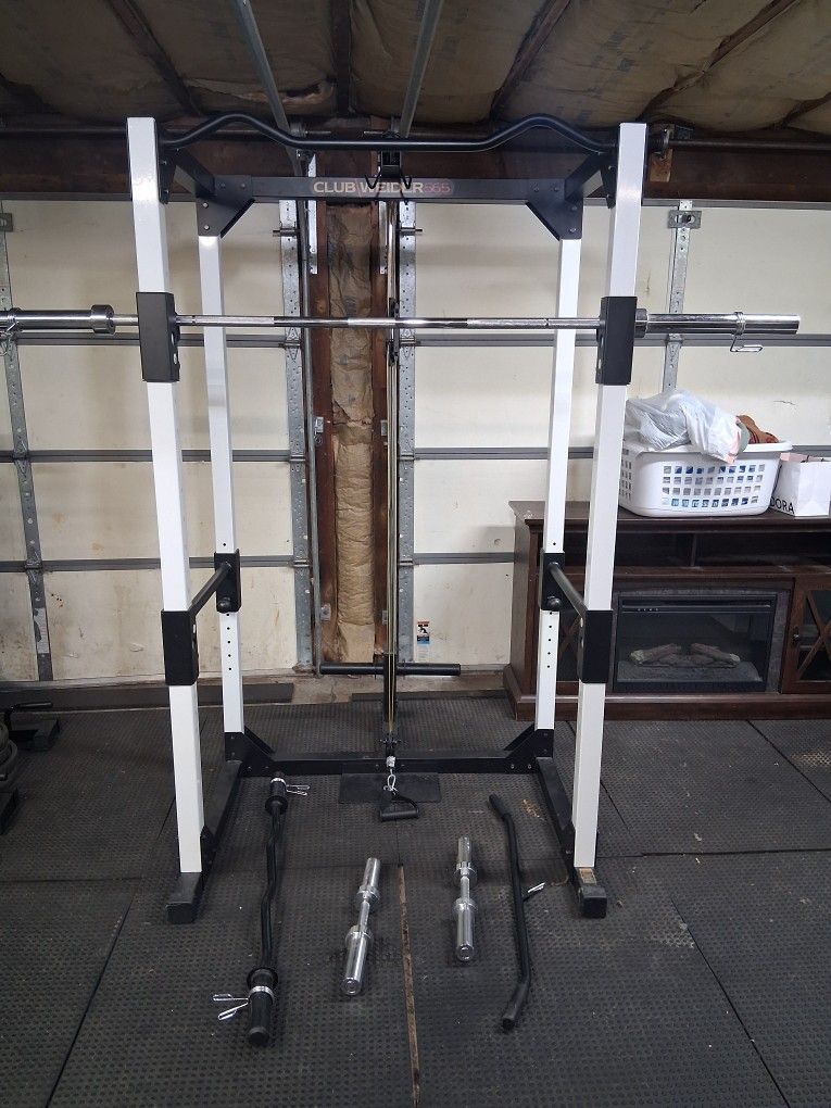 Squat Rack, Bench, Bar, Curl Bar, Dumbells 