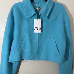 ZARA - Cropped Blazer in Turquoise, Size: Large (New with Tags)