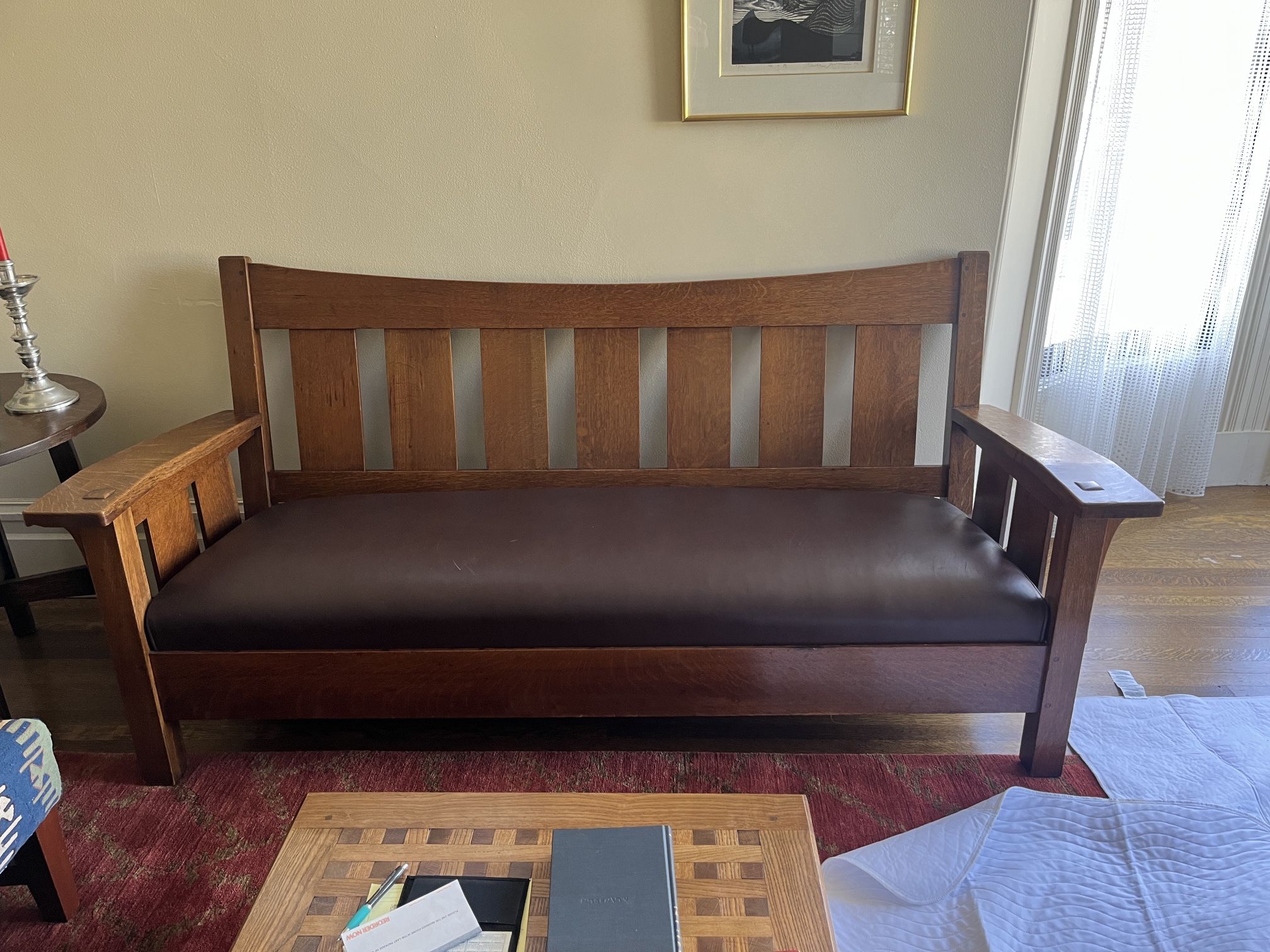 L.and J.G. Stickley Mission Oak/ Brown Leather Curve Settle Sofa Rare -Signed  Style from 1913