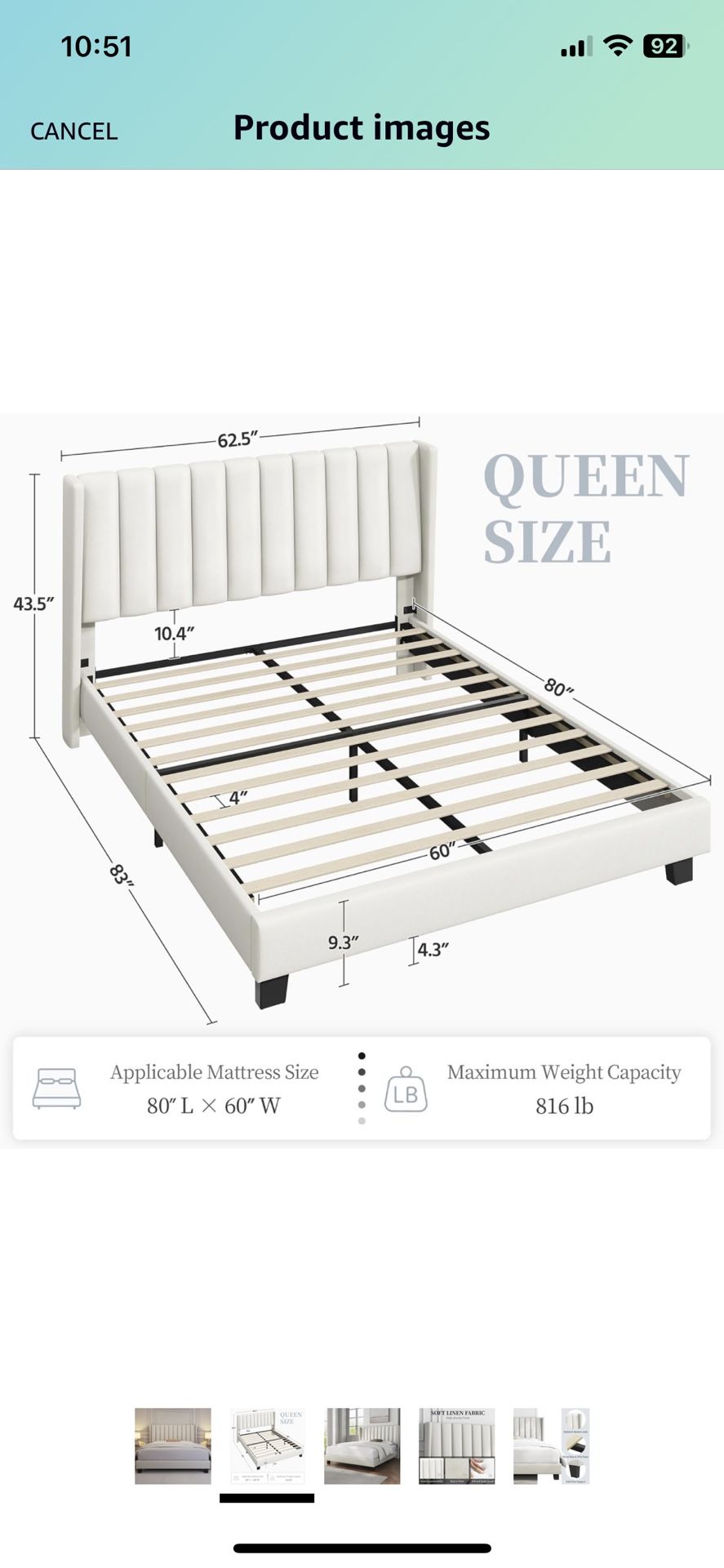 Selling Cream Queen Bed Frame with Fabric Headboard
