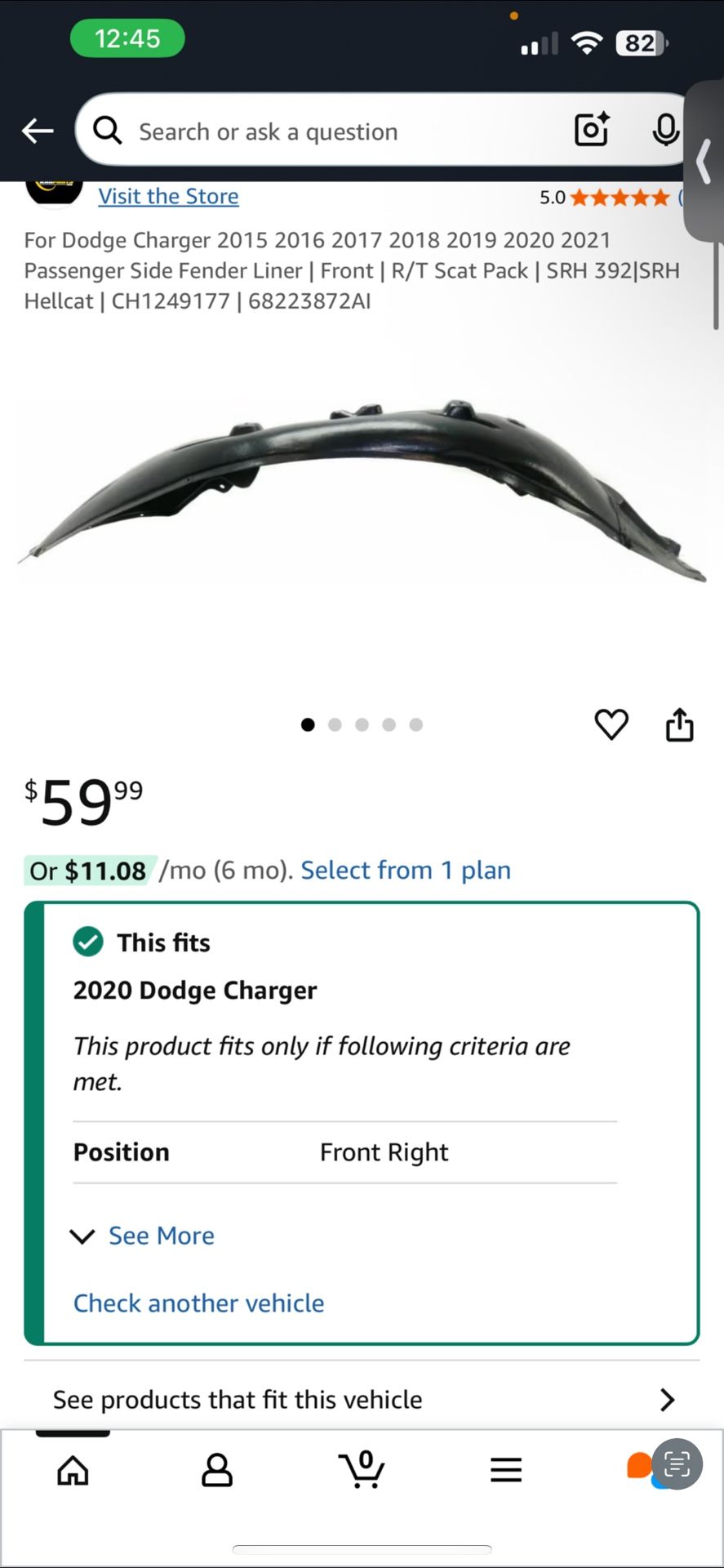 Passenger - front Fender Liner For Charger 2015-2021