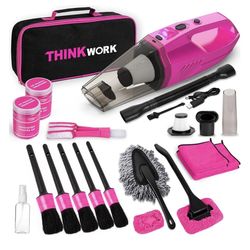 THINKWORK Car Detailing Kit Interior Cleaner, Car Cleaning Kit with 8000PA Cordless Pink Handheld Vacuum Cleaner, Car Interior Detailing Brush Set, Pi