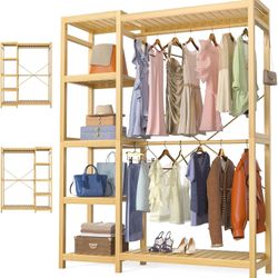 Bamboo Clothes Rack Garment Rack for Hanging Clothes, Heavy Duty Clothing Rack with 7 Tiers Adjustable Shelves, Double Rods, 4 Hooks, Freestanding Clo
