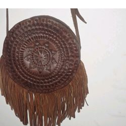Bag Hand tooled Leather Bag Round Crossbody Strap Tassel Fringe Brown Western