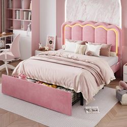 Full Size Bed Frame with LED Lights and Storage Drawer, Pink Upholstered Velvet Platform Bed with Adjuatable Wavy Headboard, Noise-Free, Easy Assembly