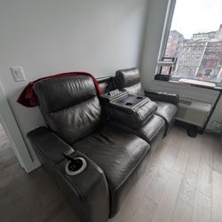 Dark Grey Reclining Sofa w/ Cupholders & Built in Outlets & USB Ports