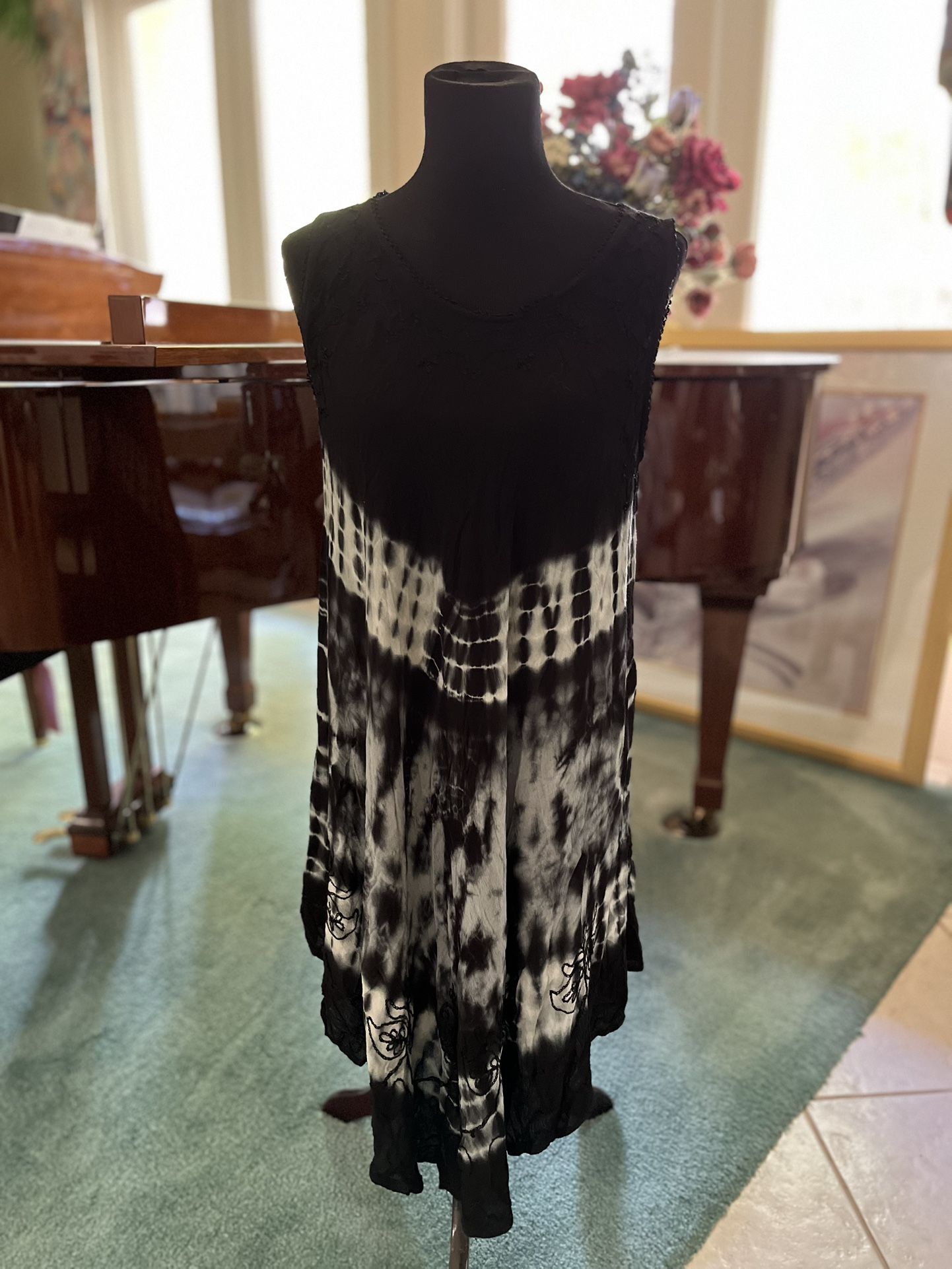 Black and White Tie Dye Sundress with Lace Bodice and Embroidered Bottom