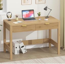 39 Inch Small Fluted Computer Desk with 2 Drawers ,Small Computer Desk with Storage, Oak