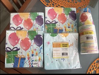 NEW~Happy Birthday Party Supplies Set~4 packages of 40 2-ply Napkins~1 package 24~9oz coated Cups