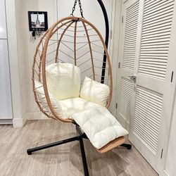 Hanging Egg Chair with Adjustable Footrest & Stand, Wicker Rattan Swing Hammock Chair with Cushion, 350LBS Capacity for Outdoor & Indoor Patio, Deck