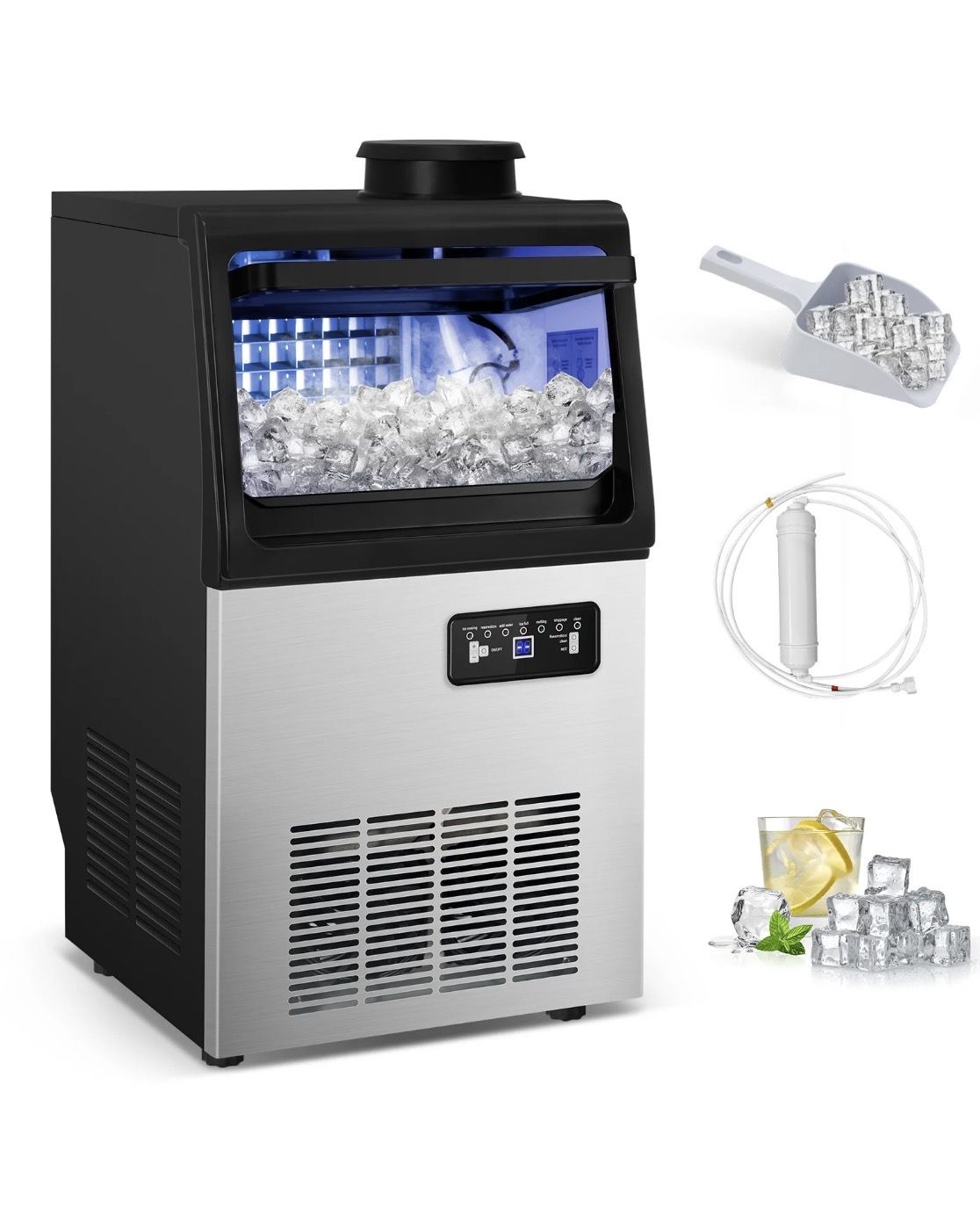 Ice Maker 88Lbs/24H,Freestanding Built-in Ice Machine with 15 lbs Storage,4x9 Cubed Ice,Stainless Steel