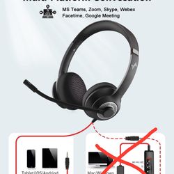 USB Headset with Mic for PC, On-Ear Computer Laptop Headphones with Noise Cancelling Microphone in-line Control for Home Office Online Class Skype Zoo