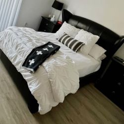 Black Leather Platform Queen Bed Frame