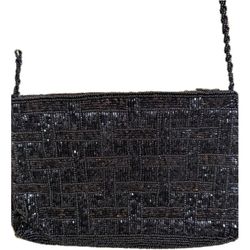 Vintage Fully Beaded Shiny Black Seed Bead Lattice Pattern Purse Crossbody Small