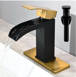 Black and Gold Waterfall Bathroom Faucet - 4In Single Handle Bathroom Sink Faucets 1 or 3 Hole Solid Vanity Faucet with Deck Plate & Overflow Pop Up D