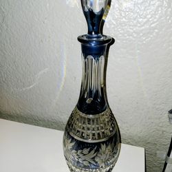 Vintage Clear Blue Diamond Floral Crystal Decanter