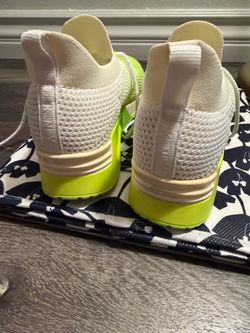 DKNY White and Neon Yellow Knit Sneakers