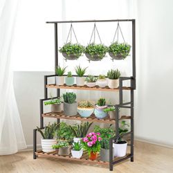 $120 Hanging Plant Shelves Indoor 3-Tier Stand with Bar, Flower Pot Organizer Outdoor Shelf for Multiple Plants, Wood Rack with Metal Frame for Garde