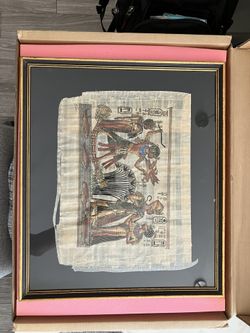 Vintage Egyptian Painted Papyrus Picture Framed 19.5” X 22.5”
