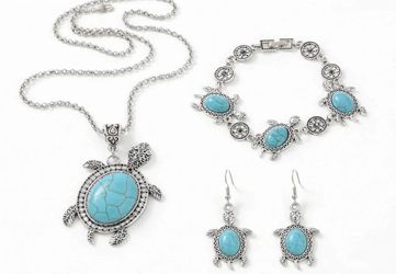 Boho Turquoise Sea Turtle Necklace Bracelet Earrings Set - New