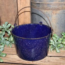 Vintage Speckled Cobalt Blue Primitive Farmhouse Enamelware Pot with Handle