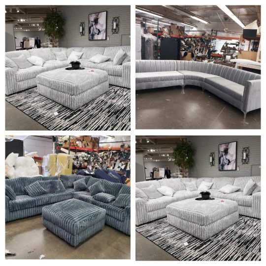 Brand NEW  11x11ft  SECTIONAL COUCHES.  Paisley GUNMENTAL, PAISLEY LIGHT GREY  And VELVET SILVER FABRIC Sofas  4piases 