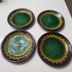 Set of 4 Vintage Emerald Green Crackle Glaze Mini Plates - 5.25"
