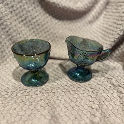 Blue Iridescent Glass Creamer & Sugar Set Grapes Pattern with Handles, 2-Piece
