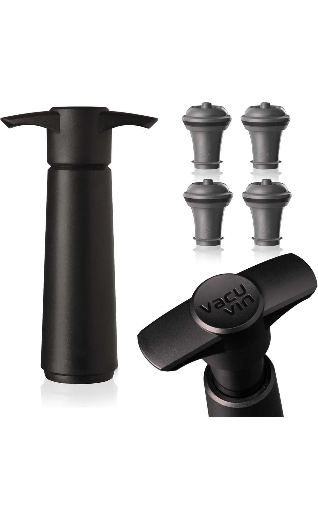 Vacu Vin Wine Saver Pump Black with Vacuum Wine Stopper - Keep Your Wine Fresh for up to 10 Days - 1 Pump 4 Stoppers - Reusable