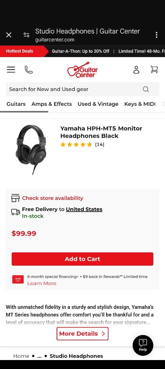 Yamaha HPH-MT5 Monitor Headphones Black