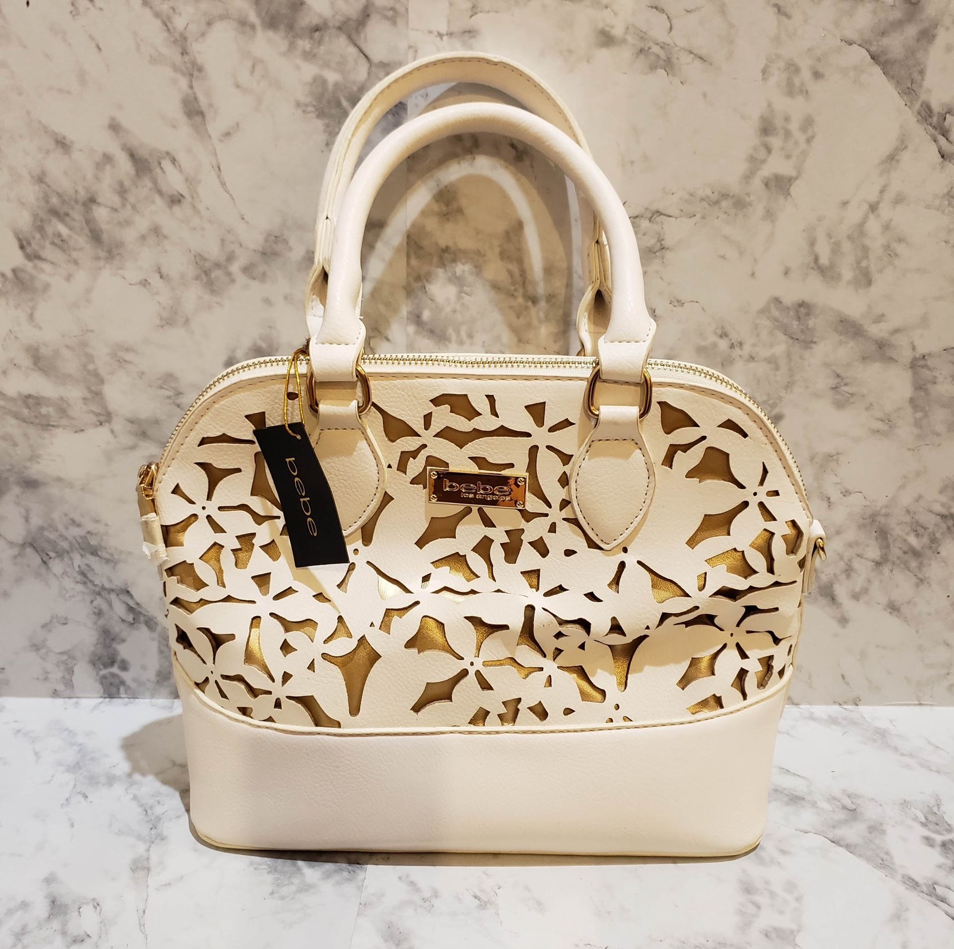 Bebe Los Angeles White & Gold Purse With Crossbody Strap