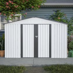 10 X 8 FT Metal Garden Storage Shed for Backyard and Lawn, White and Grey