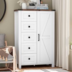 Dresser Storage Cabinet Chest of Drawer for Bedroom, 5 Drawer Dresser with Barn Door, 48 Inch Tall White Wood Dresser, Adjustable Shelves, Rustic, for