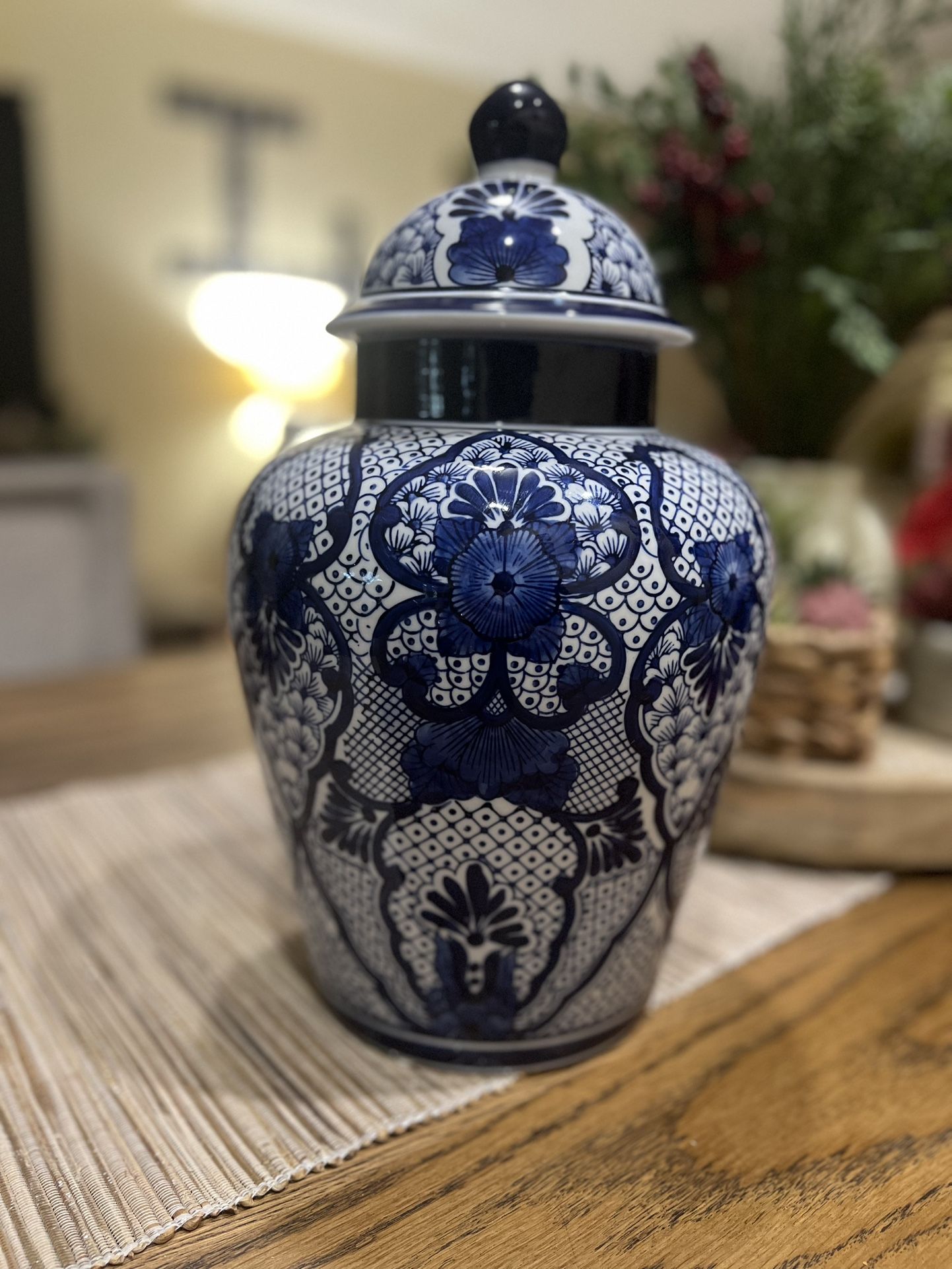 Pier 1 Blue & White Chinoiserie Jar w/ Lid - Porcelain Vase - 14” Asian Decor