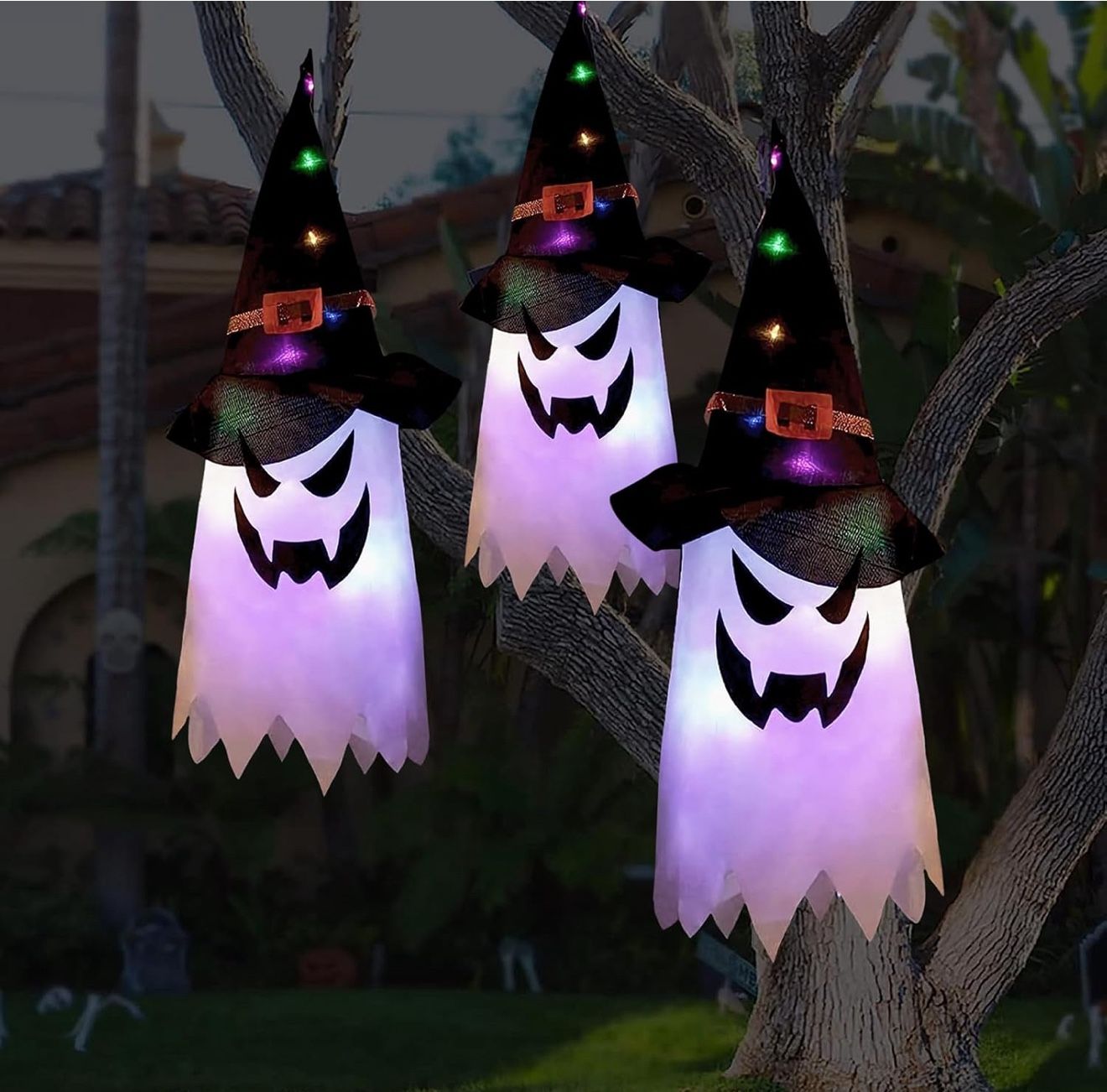 Halloween Decorations Outdoor 2 Pcs Large Size (L17”) 3 models Hanging Lighted Glowing Ghost Witch Hat Decor with Lights String for Party Indoor Outsi