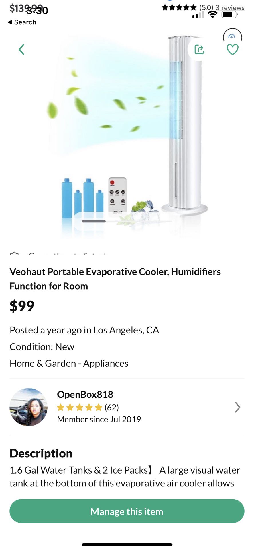 Veohaut Portable Evaporative Cooler, Humidifiers Function for Room $139.99 **** (5.0) 3
